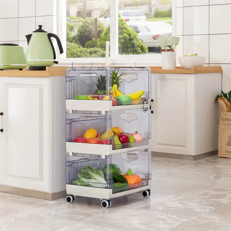 Beige Three Tier Rolling Kitchen Storage Cart with Clear Baskets