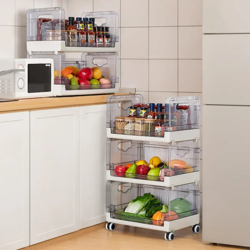 Beige Three Tier Rolling Kitchen Storage Cart with Clear Baskets