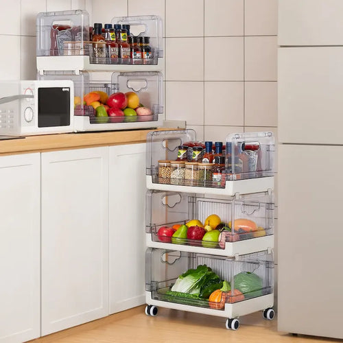 Beiger rollbarer Küchenwagen mit drei Ebenen und transparenten Körben