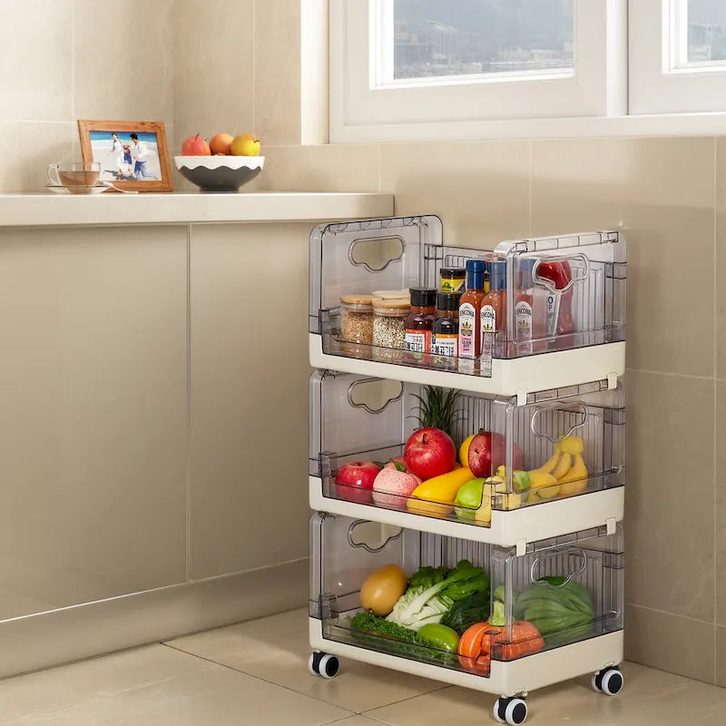 Beige Three Tier Rolling Kitchen Storage Cart with Clear Baskets