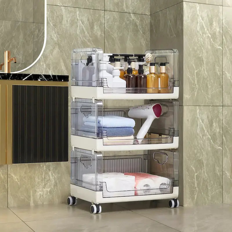 Beige Three Tier Rolling Kitchen Storage Cart with Clear Baskets
