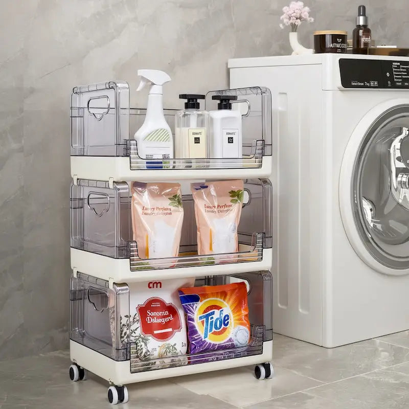 Beige Three Tier Rolling Kitchen Storage Cart with Clear Baskets