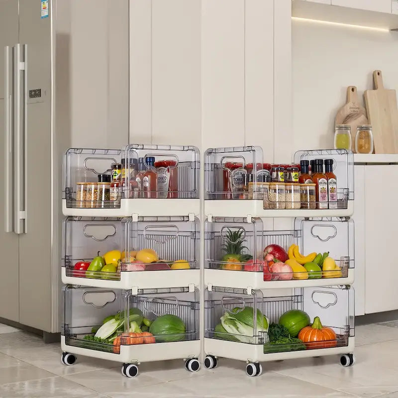 Beige Three Tier Rolling Kitchen Storage Cart with Clear Baskets