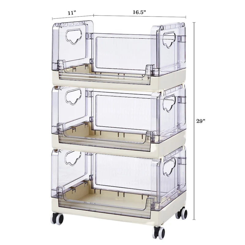 Beige Three Tier Rolling Kitchen Storage Cart with Clear Baskets