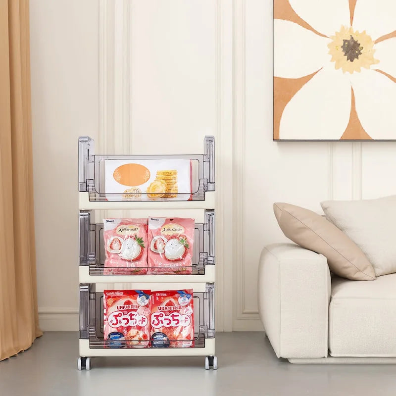Beige Three Tier Rolling Kitchen Storage Cart with Clear Baskets