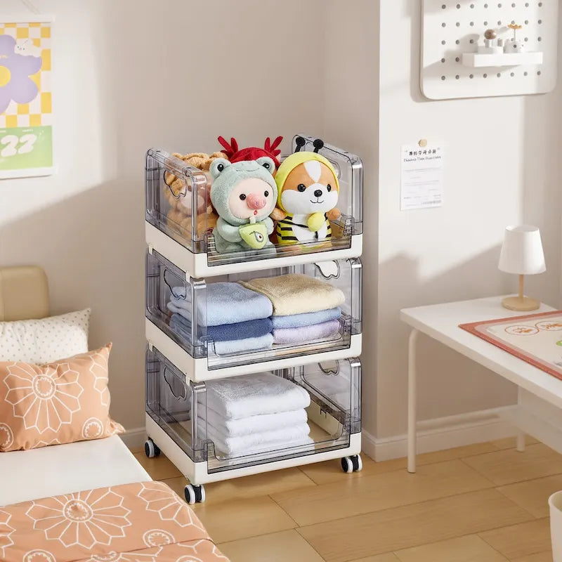Beige Three Tier Rolling Kitchen Storage Cart with Clear Baskets