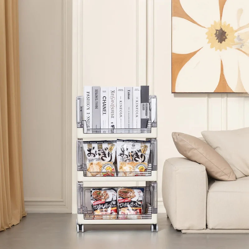 Beige Three Tier Rolling Kitchen Storage Cart with Clear Baskets