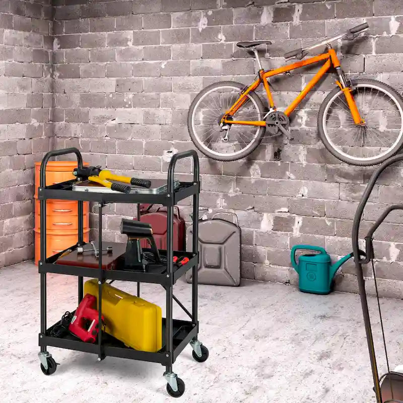 Black Three-Tier Folding Utility Cart with Shelves and Locking Wheels