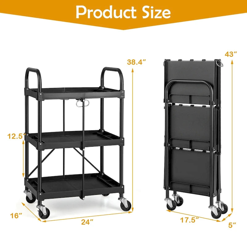 Black Three-Tier Folding Utility Cart with Shelves and Locking Wheels