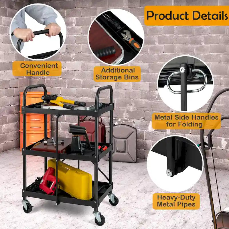 Black Three-Tier Folding Utility Cart with Shelves and Locking Wheels
