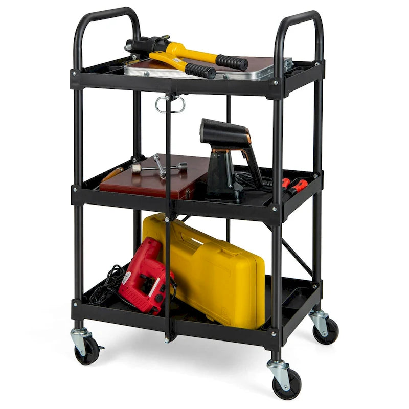 Black Three-Tier Folding Utility Cart with Shelves and Locking Wheels
