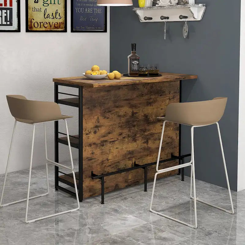 Rustic Brown Industrial Bar Table with Shelves and Wine Storage