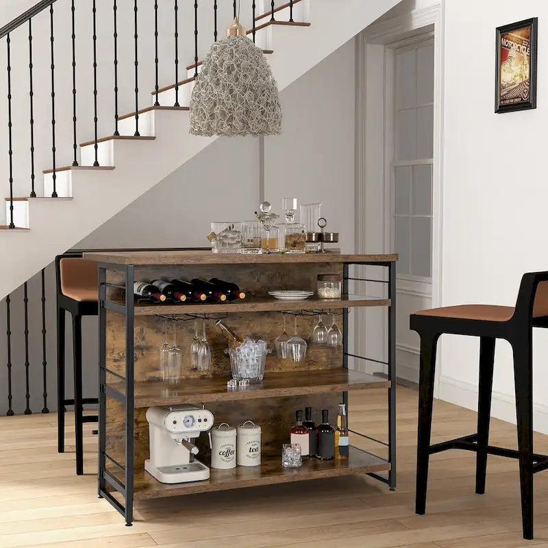 Rustic Brown Industrial Bar Table with Shelves and Wine Storage