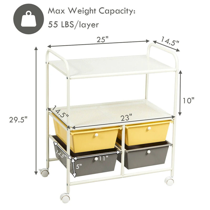 Yellow and Gray Four Drawer Rolling Storage Cart with Shelves