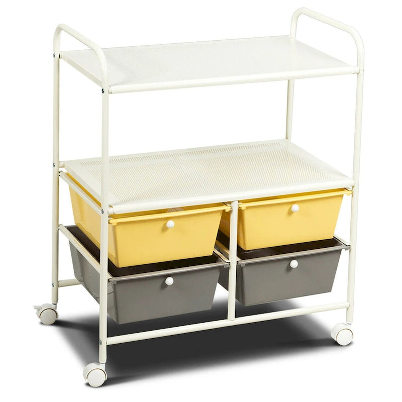 Yellow and Gray Four Drawer Rolling Storage Cart with Shelves
