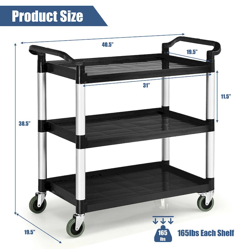 Black and Silver Three-Tier Rolling Utility Cart with Aluminum Frame