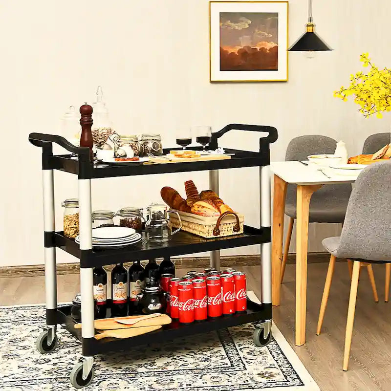 Black and Silver Three-Tier Rolling Utility Cart with Aluminum Frame