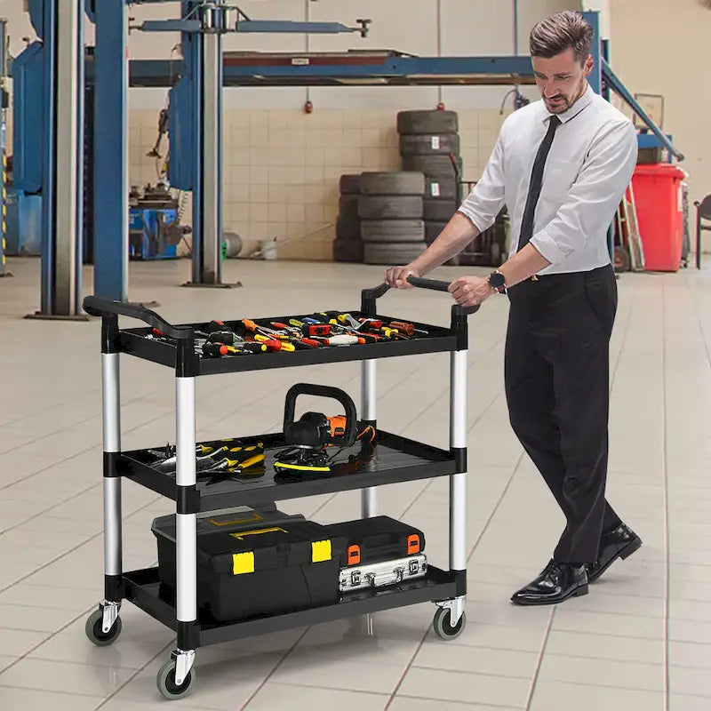 Black and Silver Three-Tier Rolling Utility Cart with Aluminum Frame