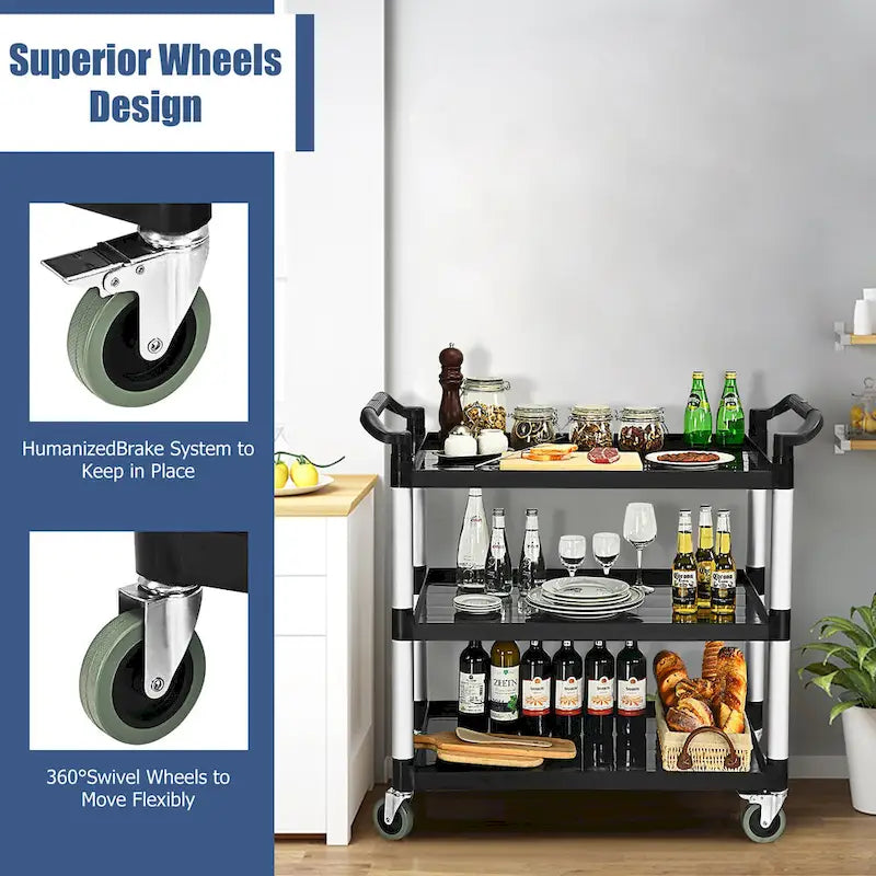 Black and Silver Three-Tier Rolling Utility Cart with Aluminum Frame