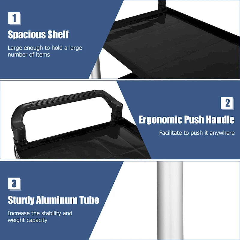 Black and Silver Three-Tier Rolling Utility Cart with Aluminum Frame