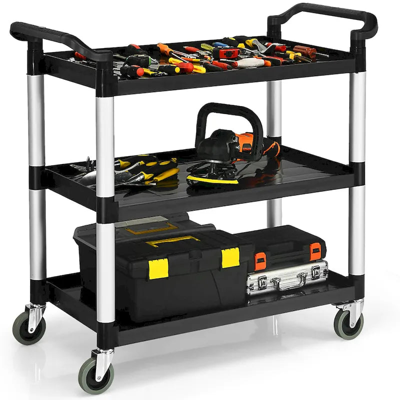 Black and Silver Three-Tier Rolling Utility Cart with Aluminum Frame