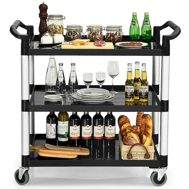 Black and Silver Three-Tier Rolling Utility Cart with Aluminum Frame