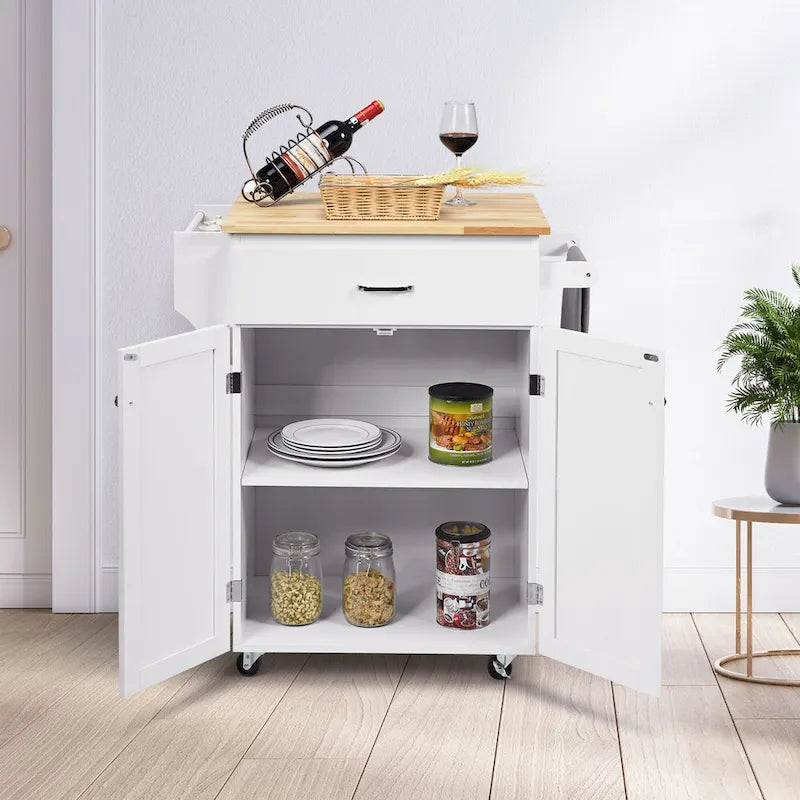 White Rolling Kitchen Island Cart with Wooden Top and Storage