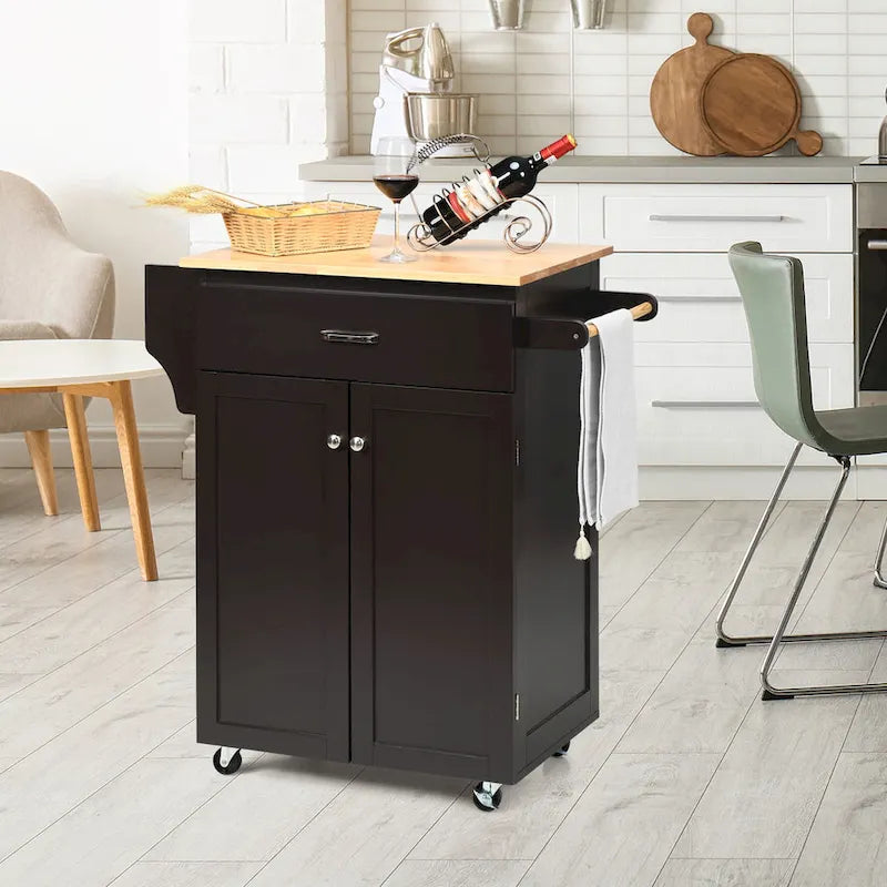 White Rolling Kitchen Island Cart with Wooden Top and Storage