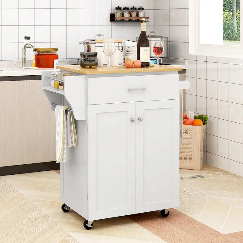 White Rolling Kitchen Island Cart with Wooden Top and Storage