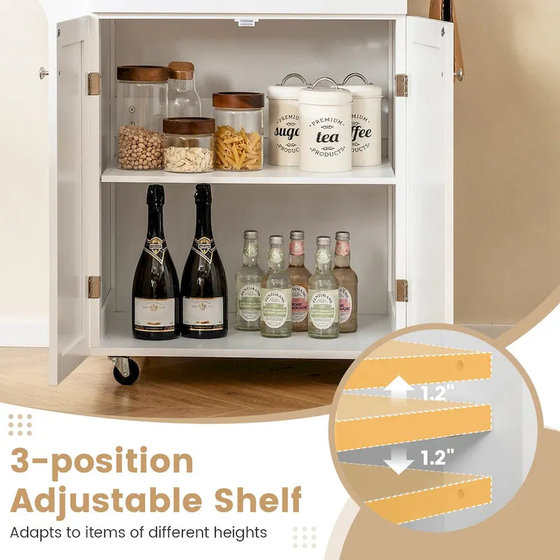 White Rolling Kitchen Island Cart with Wooden Top and Storage