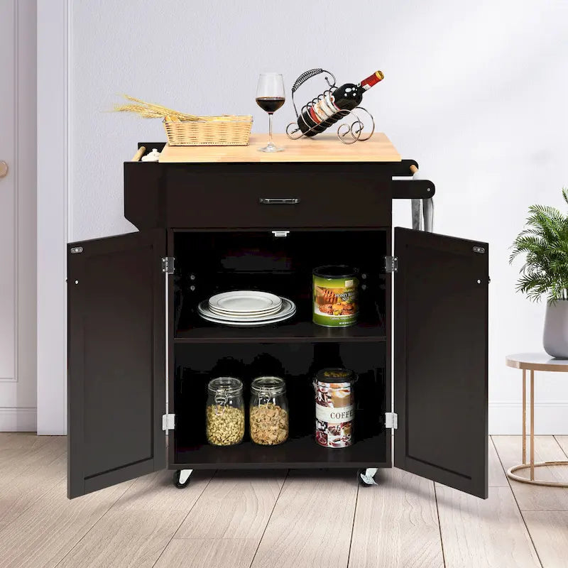 White Rolling Kitchen Island Cart with Wooden Top and Storage