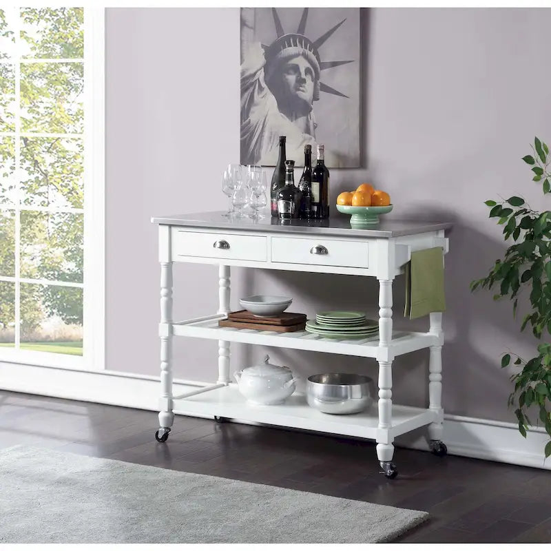 Traditional Wood Kitchen Cart with Stainless Steel Top and Drawers