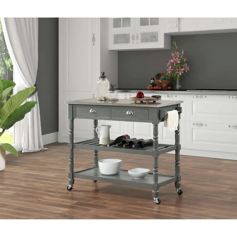 Traditional Wood Kitchen Cart with Stainless Steel Top and Drawers