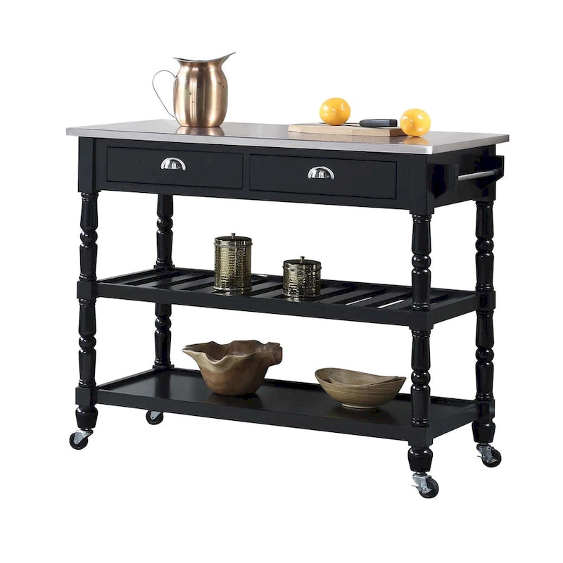 Traditional Wood Kitchen Cart with Stainless Steel Top and Drawers