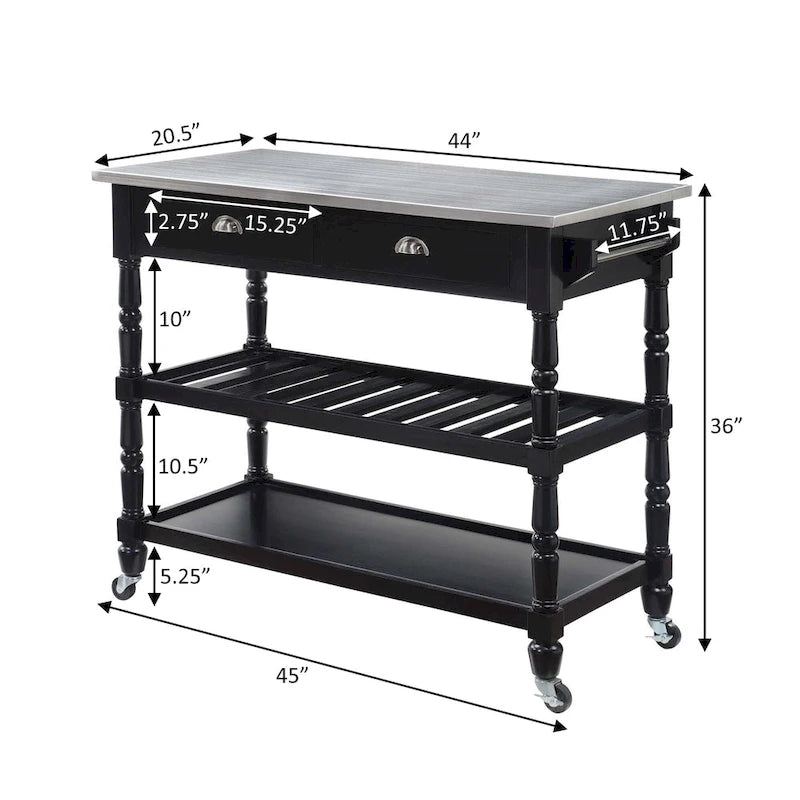 Traditional Wood Kitchen Cart with Stainless Steel Top and Drawers