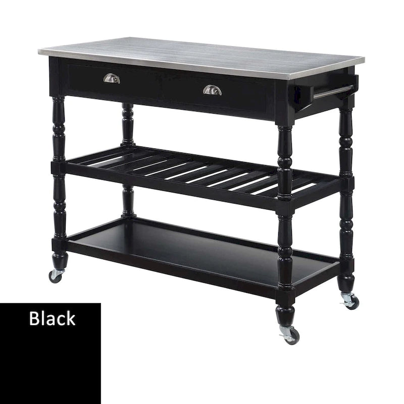Traditional Wood Kitchen Cart with Stainless Steel Top and Drawers