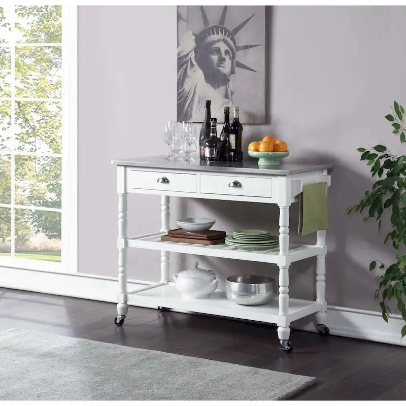 Traditional Wood Kitchen Cart with Stainless Steel Top and Drawers