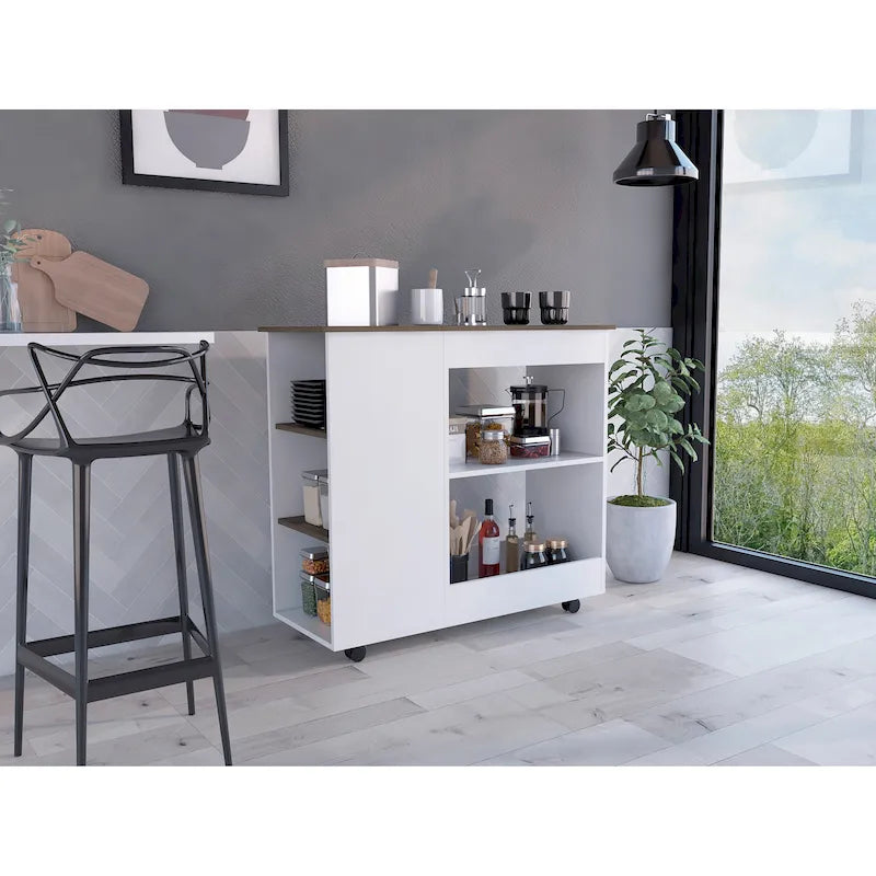 White and Dark Brown Rolling Kitchen Cart with Open Shelves