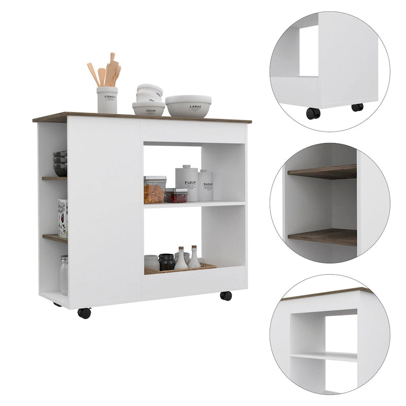 White and Dark Brown Rolling Kitchen Cart with Open Shelves