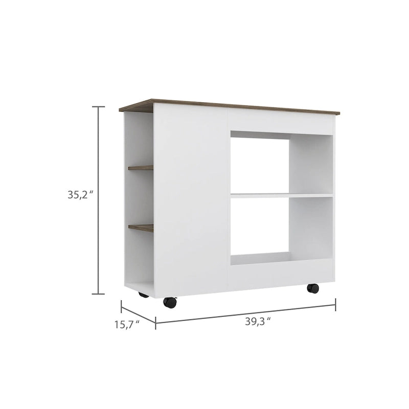 White and Dark Brown Rolling Kitchen Cart with Open Shelves