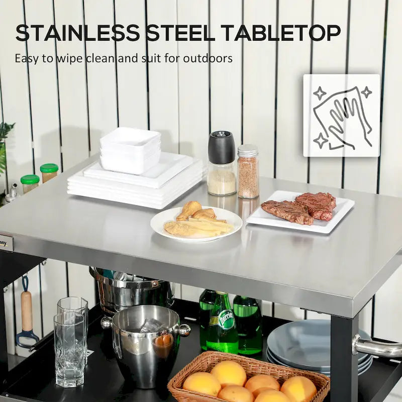 Black Outdoor Grill Cart with Stainless Steel Top and Storage