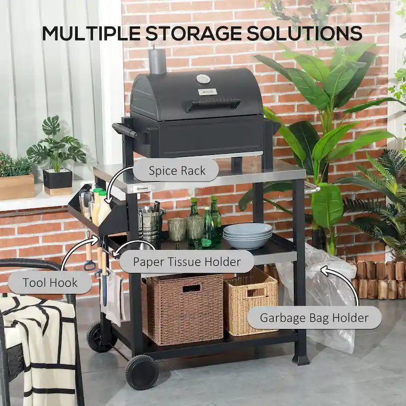 Black Outdoor Grill Cart with Stainless Steel Top and Storage