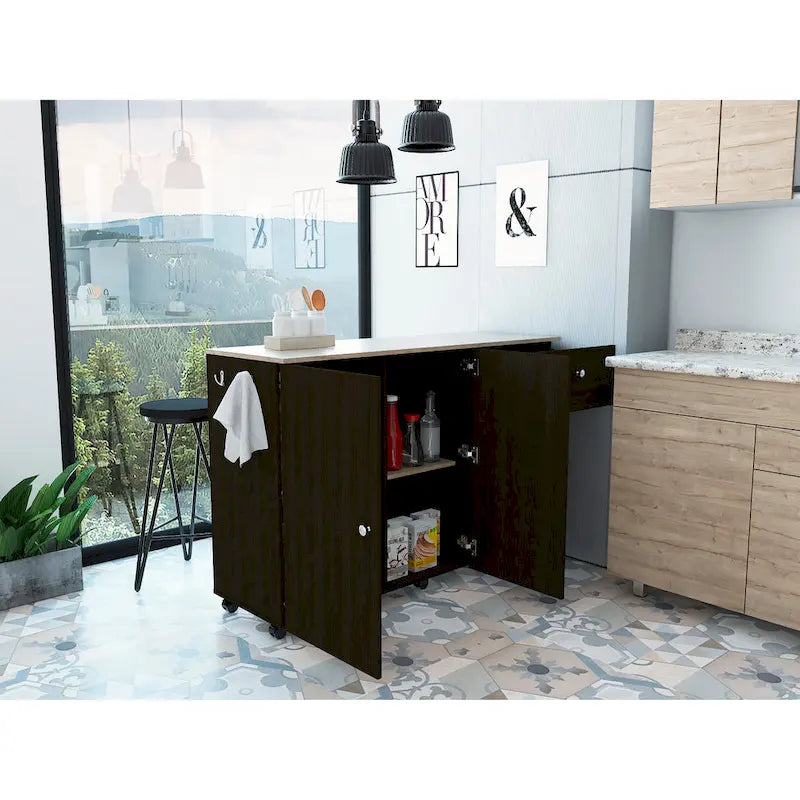 Modern Rolling Kitchen Island with Drawer and Double Door Storage