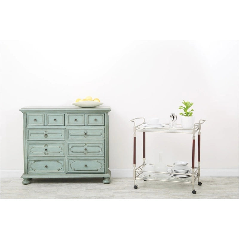 Two Tier Glass Serving Cart with Wood Accents and Casters