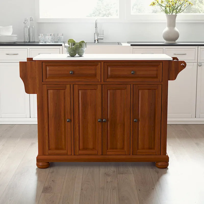 Cherry Finish Granite Top Kitchen Island with Drawers and Cabinets
