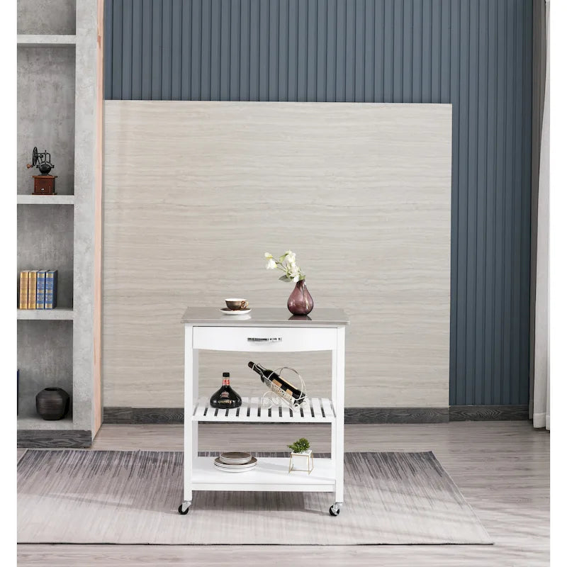 Rolling Kitchen Cart with Stainless Steel Top and Storage Drawer