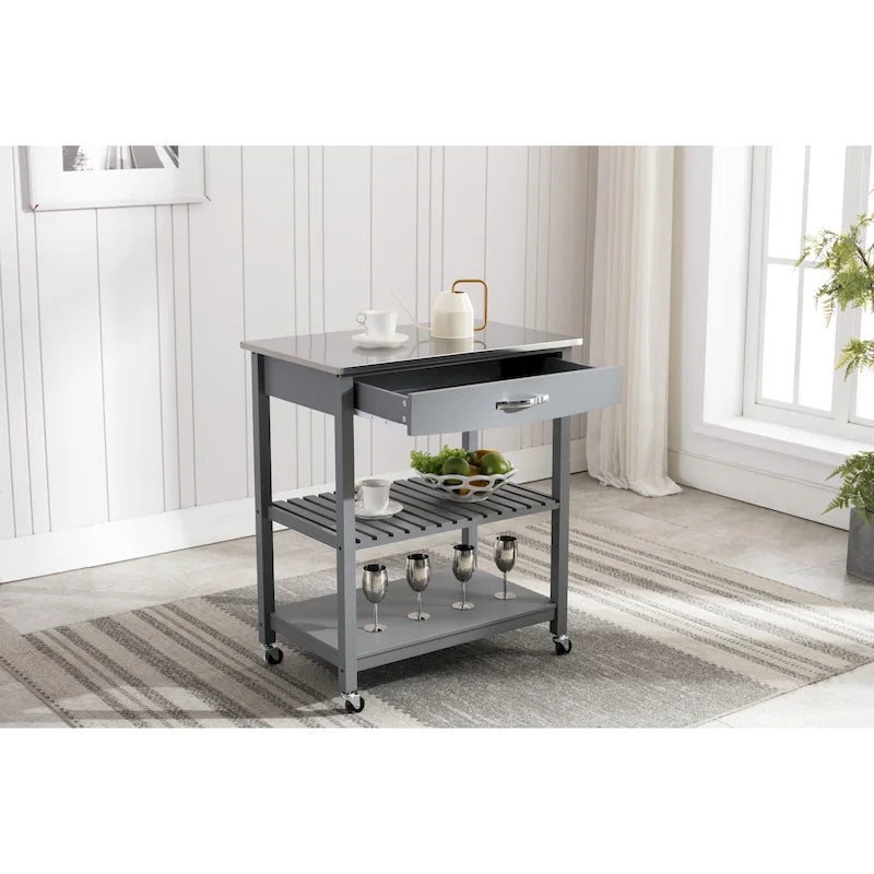 Rolling Kitchen Cart with Stainless Steel Top and Storage Drawer