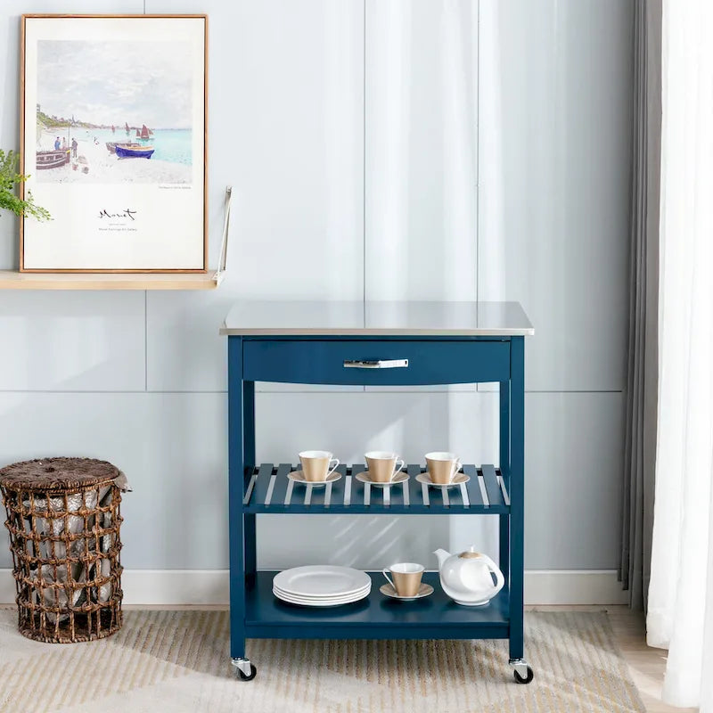 Rolling Kitchen Cart with Stainless Steel Top and Storage Drawer