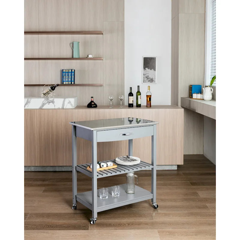 Rolling Kitchen Cart with Stainless Steel Top and Storage Drawer