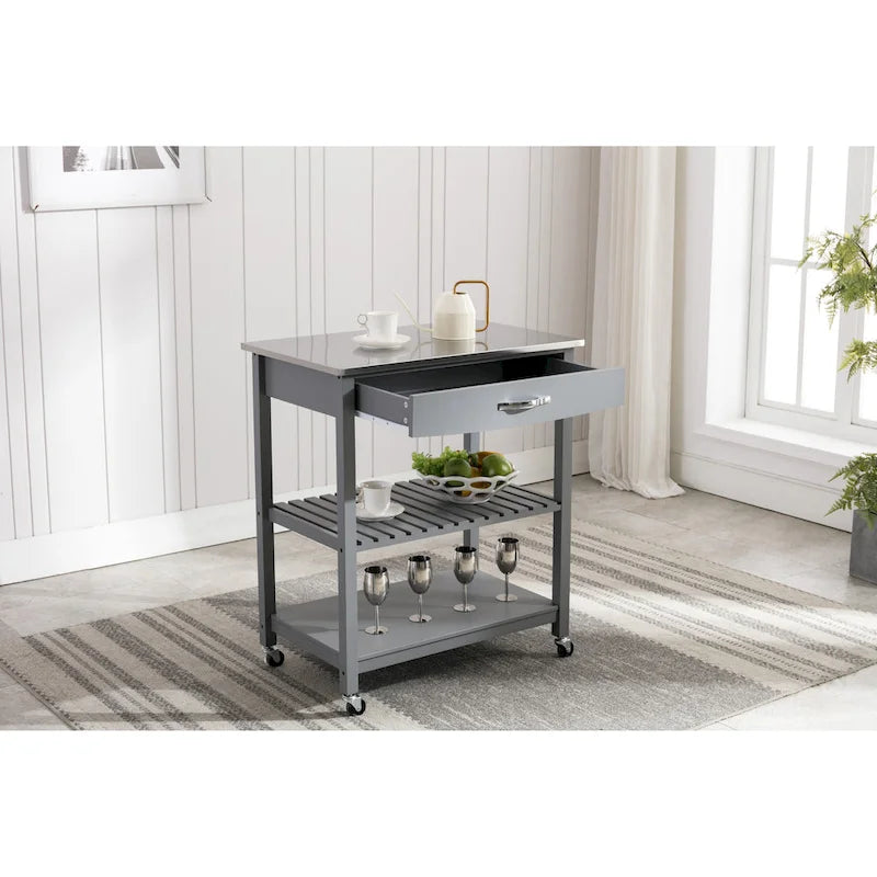 Rolling Kitchen Cart with Stainless Steel Top and Storage Drawer